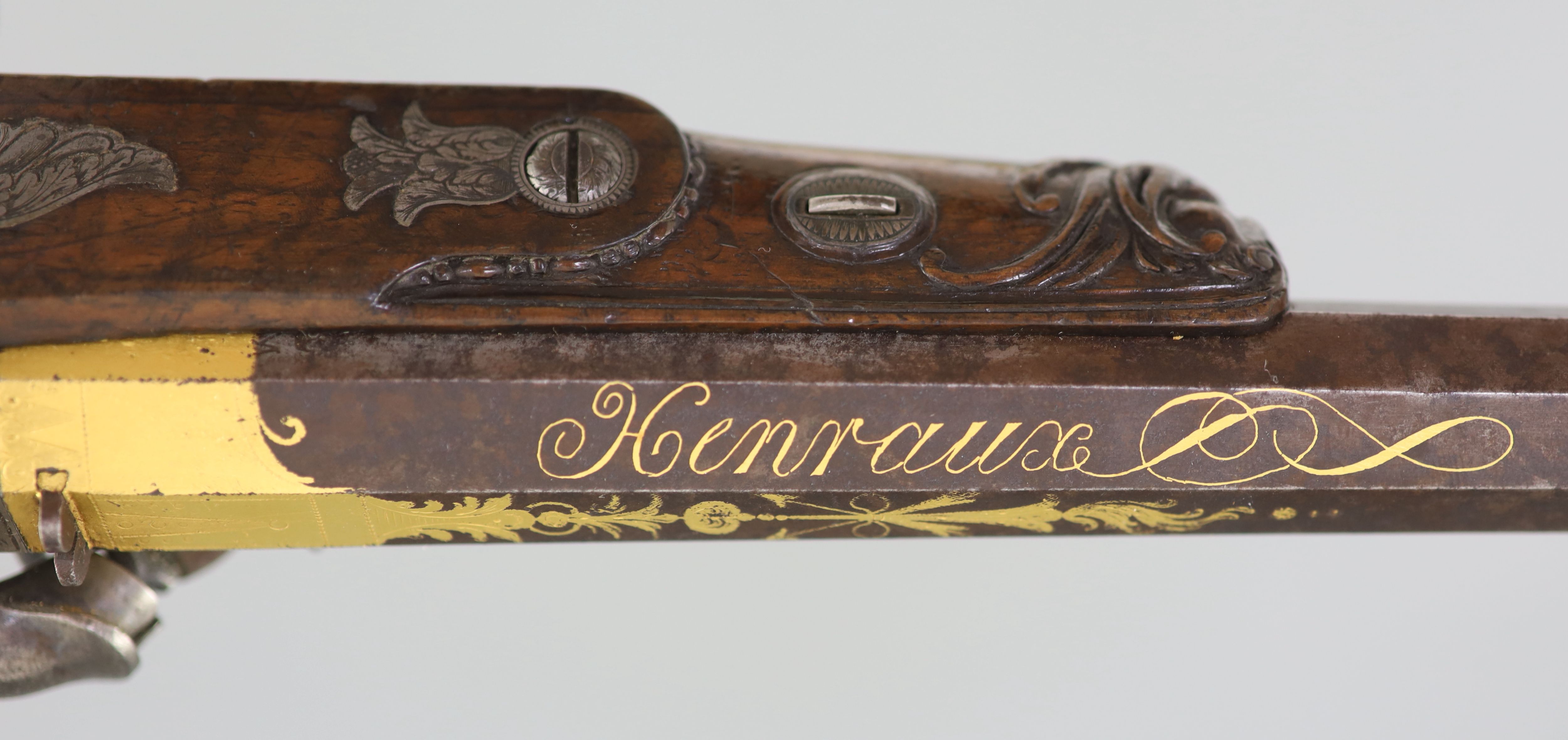 A late 18th/ early 19th century French gold inlaid pistol by Henraux 14.5in.